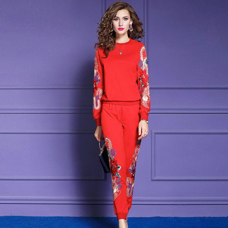 

OIMG Embroidery Sports Suit Female Spring and Autumn Red Bottoming Western Style Embroidered Casual Sweater Two-piece Trousers, As pic