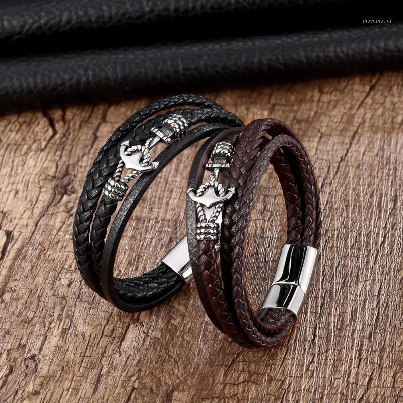 

MOGE Men Bracelets Stainless Steel Magnetic Clasp Bracelets&Bangles Cool Men Anchor Leather Bracelets1
