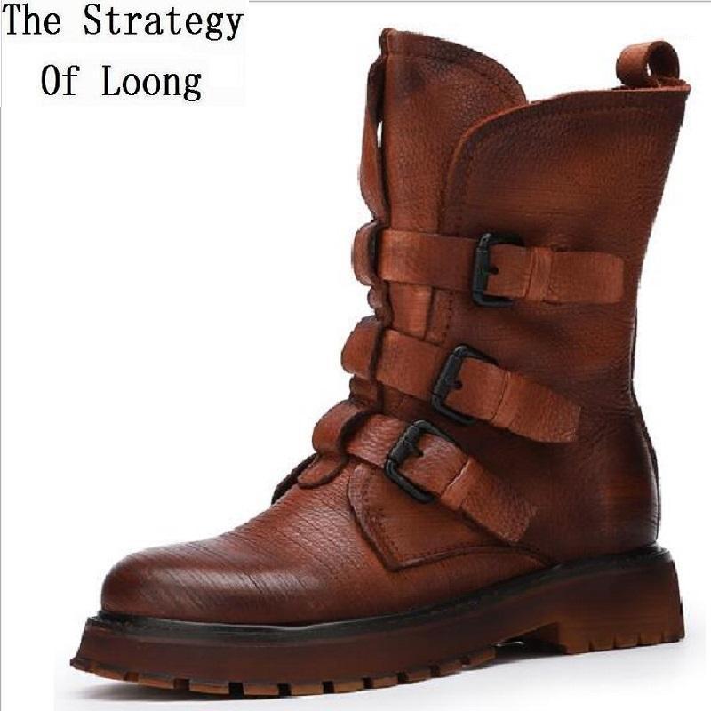 

Spring Autumn Winter Retro Women Genuine Leather Mid Motorcycle Boots Lady Belt Buckle Rock Mid-Calf Equestrian Boots 1910311, Brown