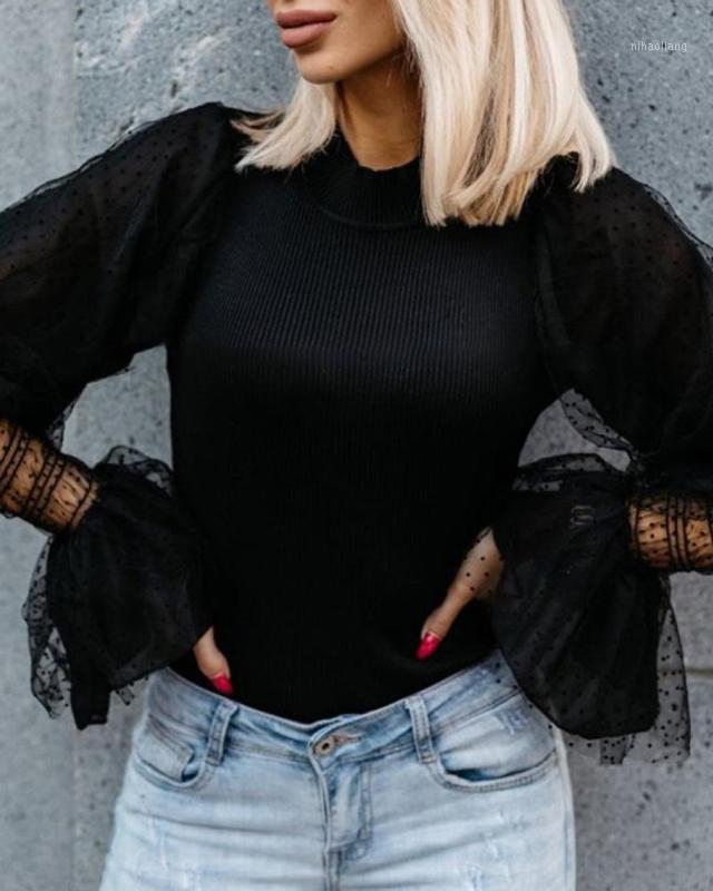 

Butterfly Lace Sleeve Knitwear Sweater Women Fashion O Neck Dots Pullovers Sweaters Black White1