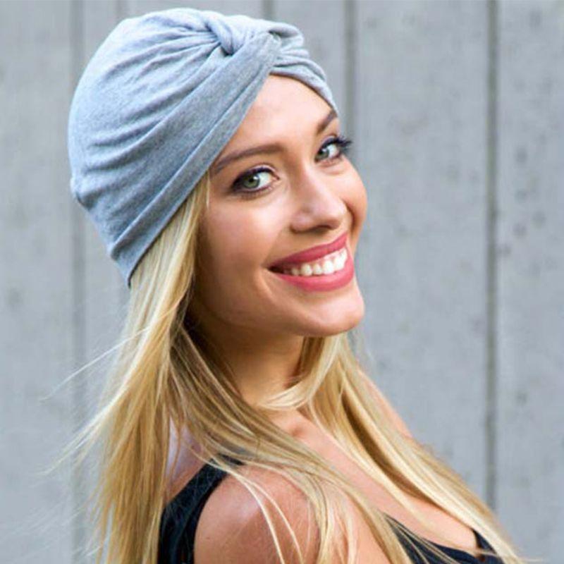 

Womens Solid Color Plain Twist Pleated Hair Turban Cap Head Wrap Chemo Beanie, Gray