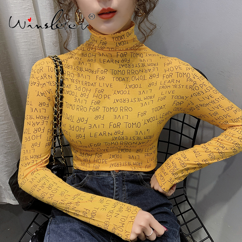 

WHITE NO STOCK Letters Print Vintage T-shirt Women Spring New Turtleneck Slim Long Sleeve Casual Tops Tee Shirt T01405B 201125