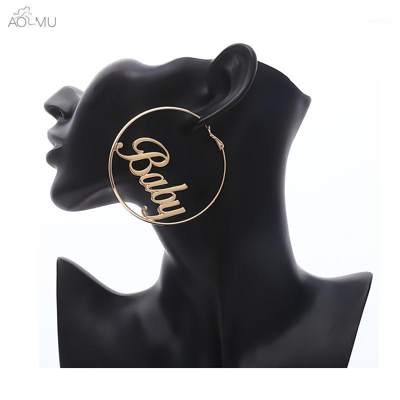 

Charm AOMU Fashion Exaggerate Baby Letter Metal Matte Big Hollow Round Circle Large Loop Hoop Earrings Gift For Women Girl Birthday1