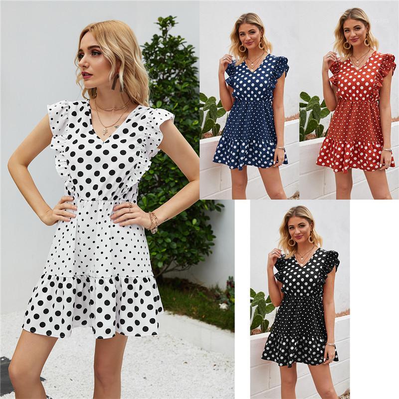

New Arrival Casual Women Mini Dress Vintage Dot V-neck Petal Sleeves Women Dress Tank1, Black