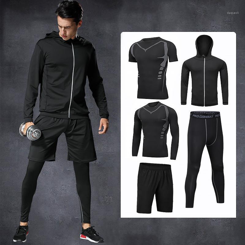 

5pcs / sets men' sportswear man rashguard suit male kit compression men' clothing long sleeve t shirt + workout leggings1, 2 piece set