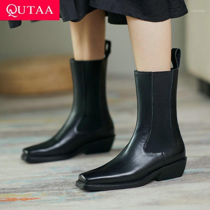

QUTAA 2021 Square Med Heel Mid Calf Boots Retro Square Toe Female Boots Genuine Leather Autumn Winter Women Shoes Size 34-401, Black