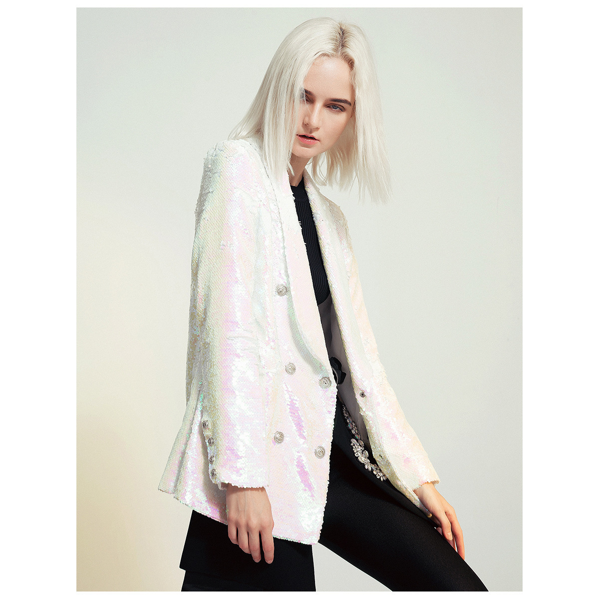 

High Street Luxury Design of Women Sequins Double Blazer Breasted Bright Personality Outerwear Female Coat Buttons Shawl Collar Dug1, Picture color