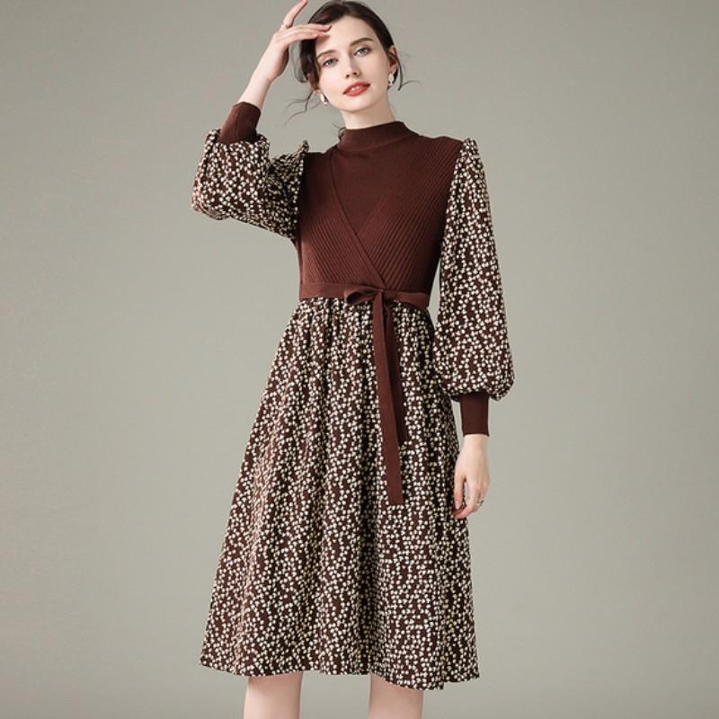 

Chic Long Knit patchwork Women printed Sweater Dress High Quality Vintage Thick Warm Winter Female Office Lady Casual Dresses, Photo color