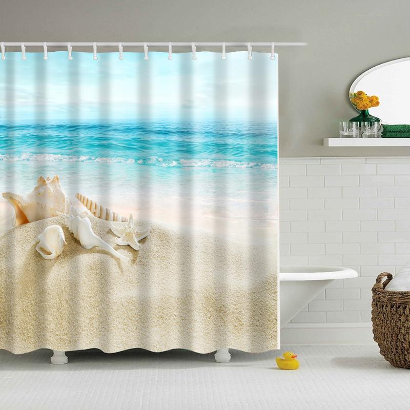

New Colorful Eco-friendly Beach Conch Starfish Shell Polyester High Quality Washable Bath Decor Shower Curtains