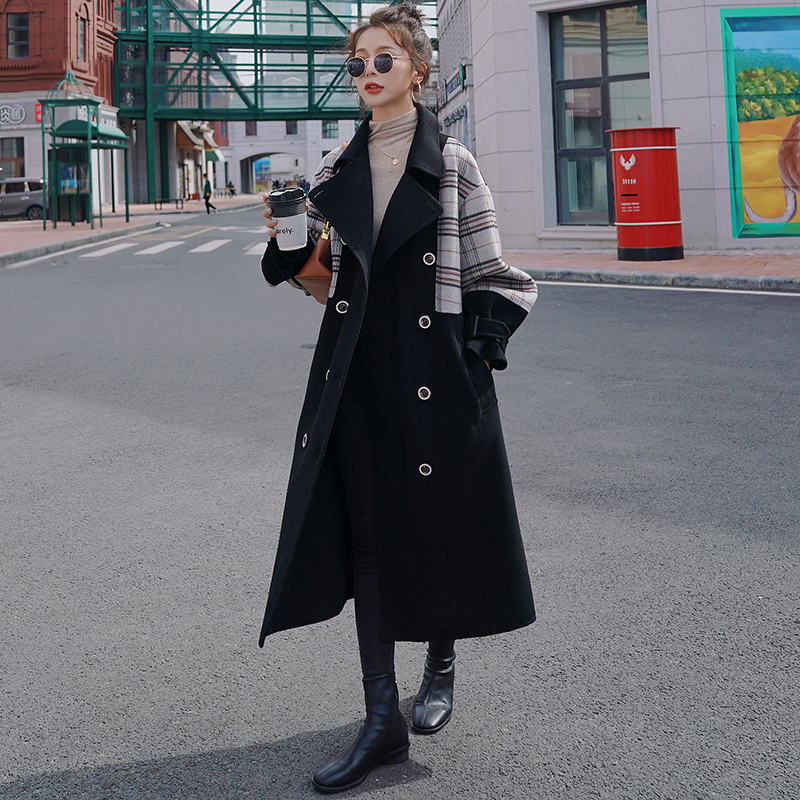 

2021 New Women's Winter New Plaid Artificial Long Black Wool Double Lapel Breasted Thick High-end Jacket Fc9 Bttg