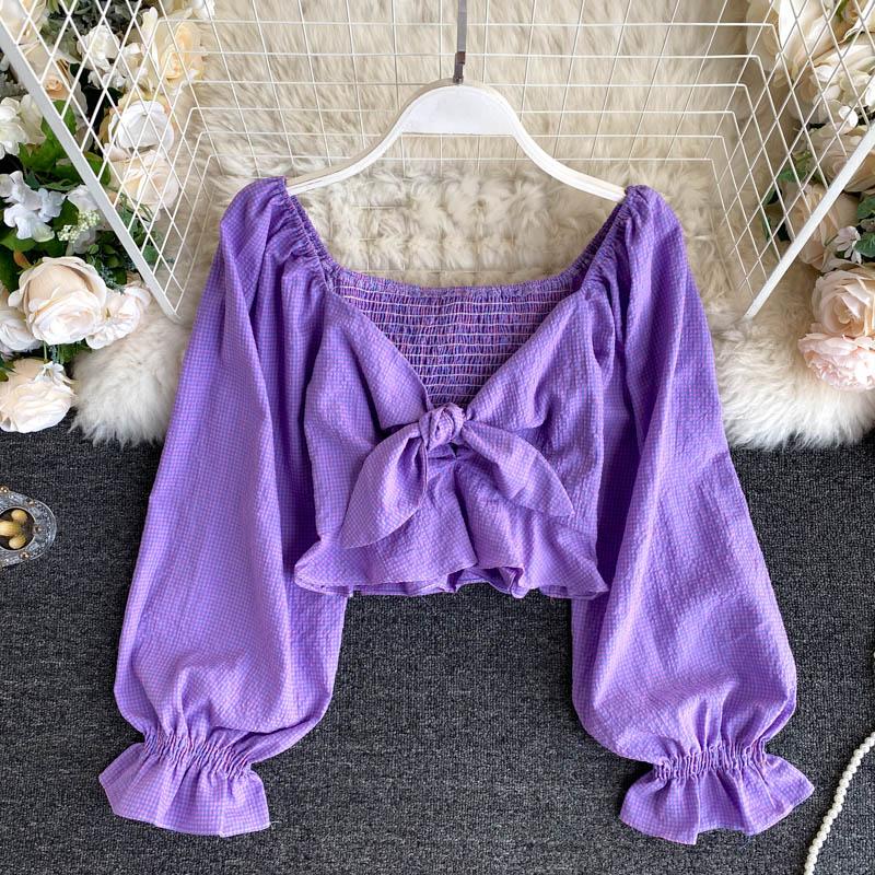 

Ins Knotted Deep V-neck Sexy Short Crop Tops Lady's Shirt Women New Fashion Long Sleeve Plaid Camisas Mujer Blouse P159, Green