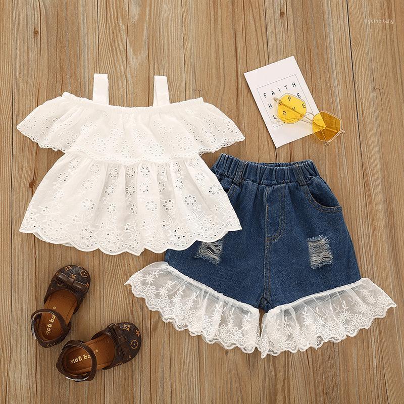 

FOCUSNORM 1-4Y Summer Toddler Baby Girls Clothes Sets Off Shoulder Hollow Out Embroidery Blouses + Lace Patchwork Denim Shorts1, As pic