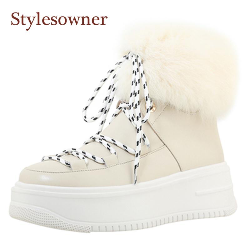 

New Arrivial Thick-soled Lace-Up Snow Boots Genuine Leather Round Toe Lace-up Height Increasing Fur Shoes Rear Zipper, Black