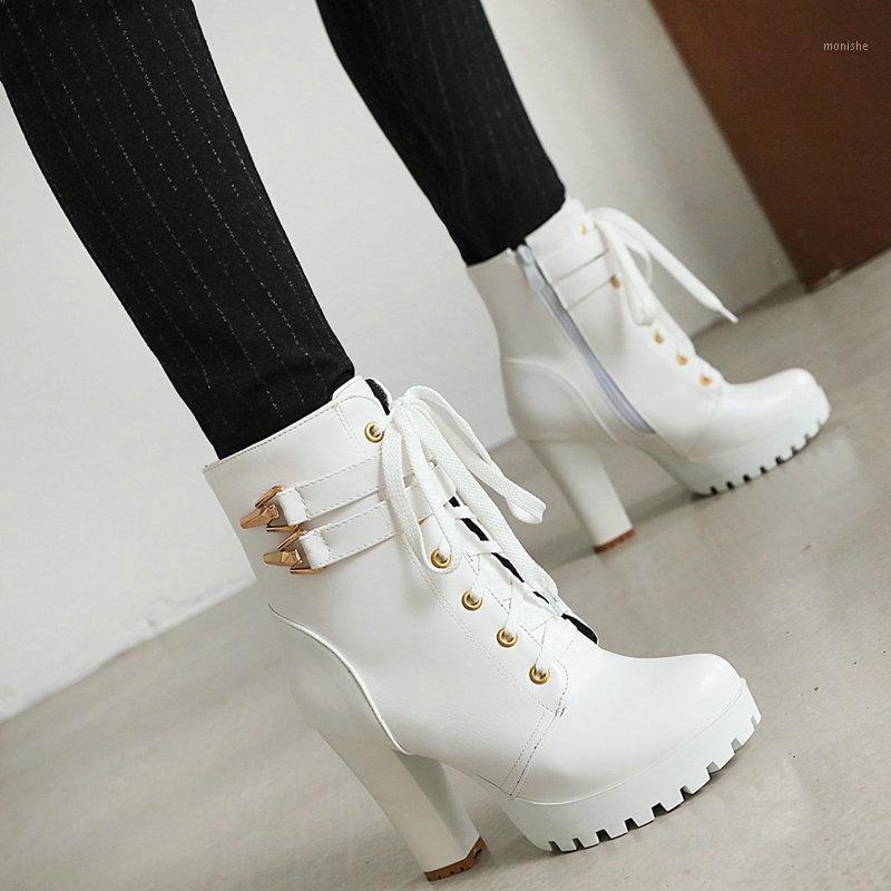 

Thick Heel Platform Ankle Boots Women Fashion Buckle Zipper Shoes Winter Warm High Heeled Boots Black Whiter Female Shoes 20201