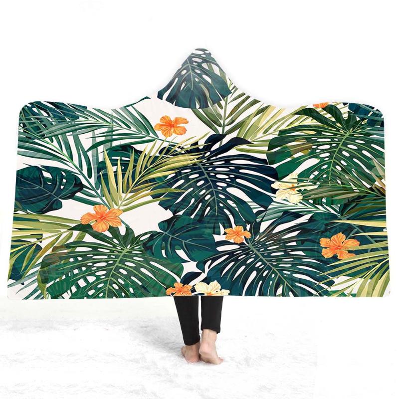 

Free shipping Gift Tropical Flower Plant PalmFlamingo Toucan Birds Sherpa Fleece Hooded Blanket Cloak Camping Sofa Office Throw