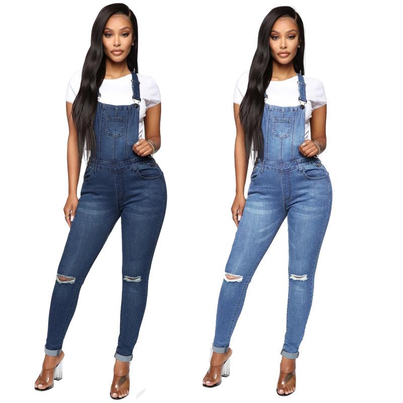 

Shoulder strap jeans women' hot sale popular pencil pants ripped trendy fashion denim jumpsuit workwear skinny pants, Blue