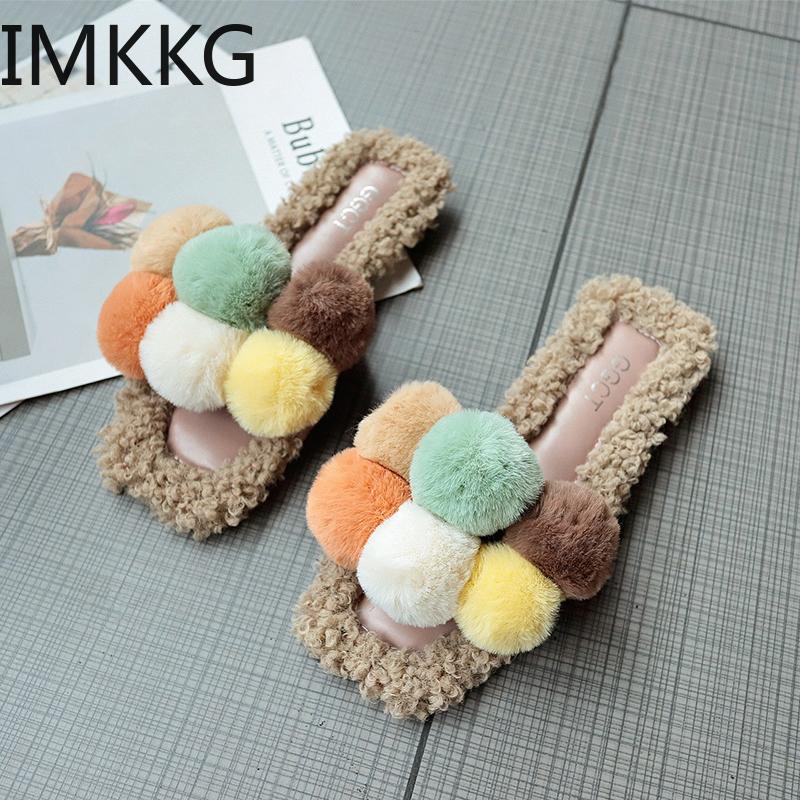 

fur shoes women flock cork slippers summer fashion outdoor furry sandals woman fluffy flip flops beige mules