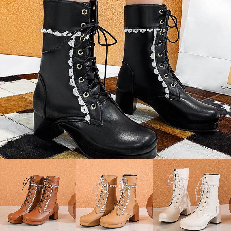

Goth Boots Women's Lace Pu Leather Boots Square Head Thick Heel Strap Casual Booties Ladies Rain Chunky Boot#, Black