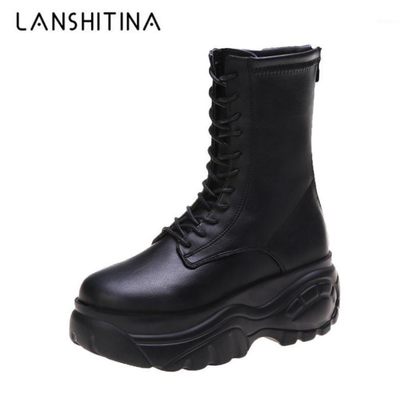 

2020 Fashion Ankle Boots Women High Top Chunky Shoes Ladies Black Leather INS Ulzzang Round Toe Boots Woman Lacing Platform Boot1, Black lace-up
