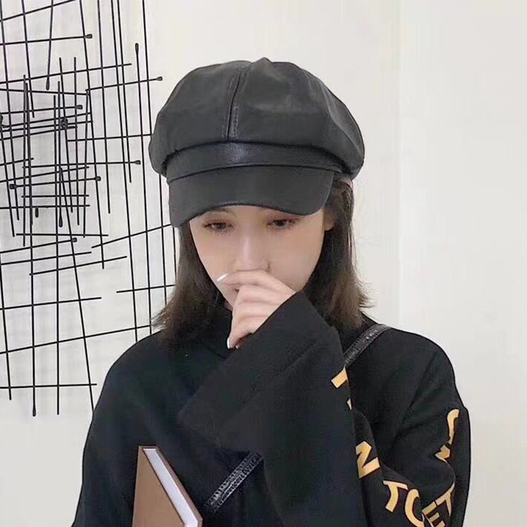 

LVTZJ New Women Leather beret vintage Herringbone Gatsby Tweed peaky blinders hat Newsboy Beret Hat spring Flat Peaked, Black