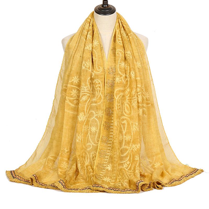 

2021 Summer Embroidered Cotton Scarf Women Glitter Plain Scarves Shawl Flower Sjaal Muslim Hijab Foulards Floral Headband Stoles