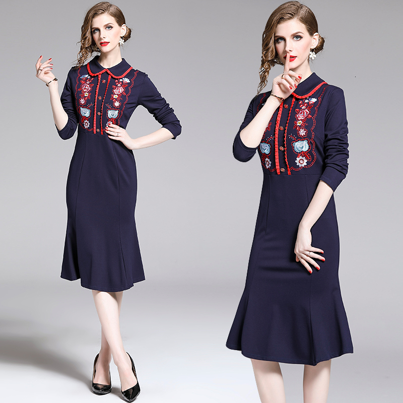

2021 New Fashion Autumn Womens Elegant Vintage Flower Embroidery Work Office Casual Midi Party Fitted Bodycon Mermaid Tz2n 6TF1, Dark blue