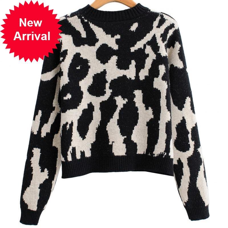 

2021 New Vintage Female Leopard Print Haphazard Loose Winter Fashion O-neck Sweater Oversize New Designer Jumper Clothes Ekeb, Beige