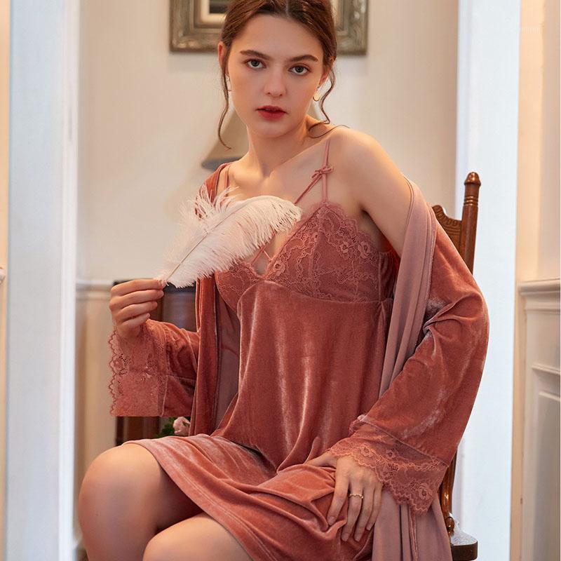 

winter women' pajamas sexy home sleep wear sets 2 in 1 velours lace bath Warm robe sets for women sexy nightdresses FG1911, Pink