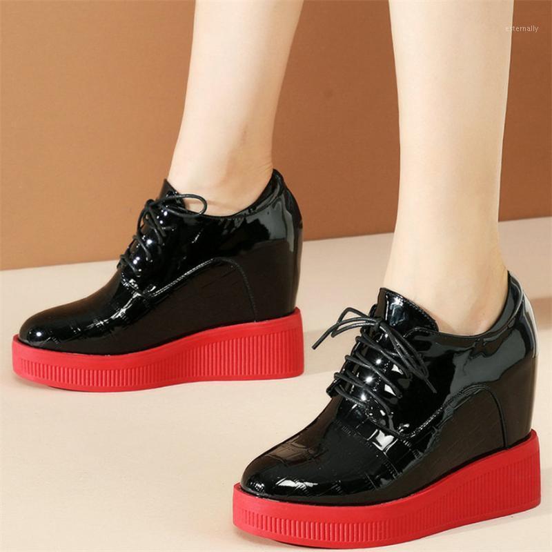 

2020 Fashion Sneakers Women Lace Up Cow Leather Wedges High Heel Ankle Boots Female Round Toe Platform Pumps Shoes Casual Shoes1, Black