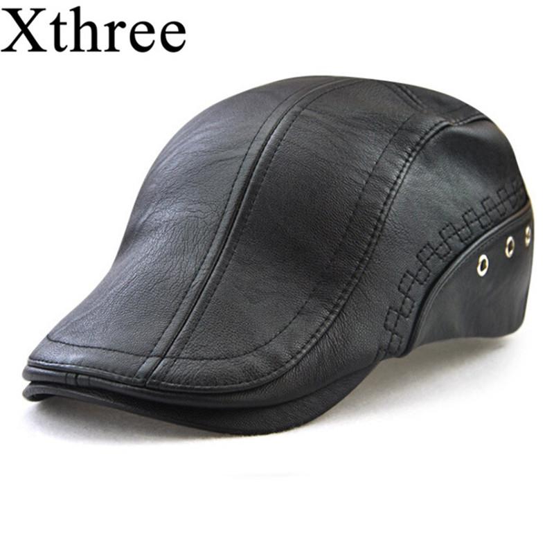 

Xthree spring men's hat Faux Leather Beret hat casquette cap Hats for Men Visors Sun Gorras Planas Flat Caps PU, Black