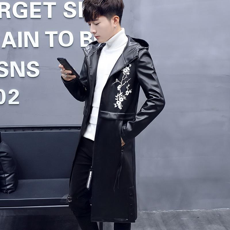 

High Quality Long PU Leather Jackets Men Floral Hooded Zipper Pockets Winter Windproof Outwear Coats Mens Fashion Slim Fit Coat, Black
