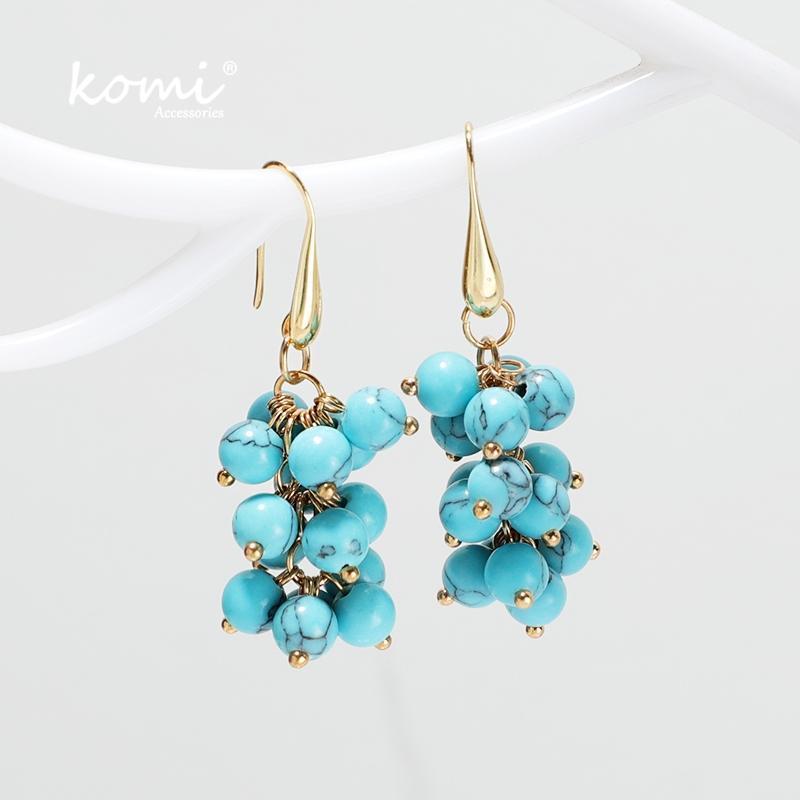 

KOMi Boho Stones Turquoises Metal Beaded Large String Blue Natural Stone Texture Clear Dangle Earrings Jewelry K24931