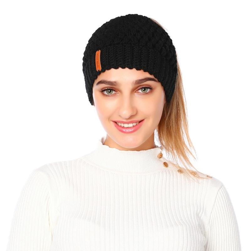 

KLV Women Chunky Crochet Knitted Stretch Beanie Hat High Messy Bun Solid Color Winter Holey Skull Cap Ear Warmer, Gn