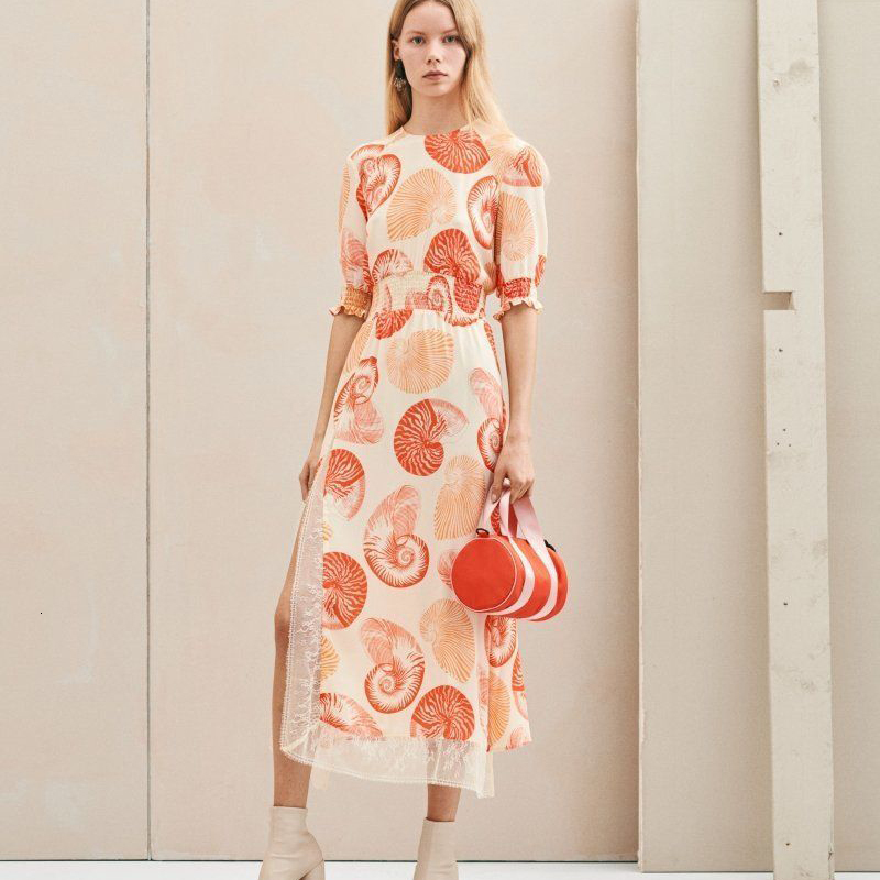 

2021 Summer Retro Ethnic Style Print Short Elastic Sleeve Elegant Temperament Sewing Lace Dress of Medium Length Women's Clothing Uid2, Multiple