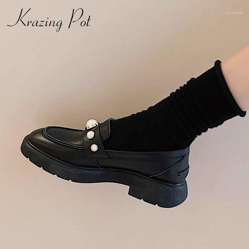 

Krazing pot new preppy style thick bottom pearl decorations high quality autumn shoes women round toe med heel slip on pumps L061, Black 2
