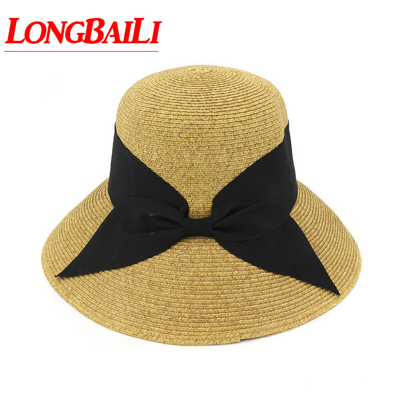 

New Summer Wide Brim Straw Sun Beach Hats For Women Foldable Bow Bucket Caps Female Sunbonnet SDDS126, Black