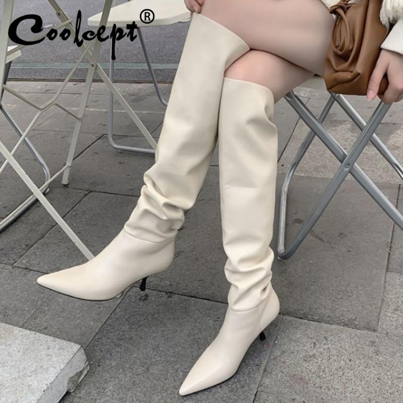 

Coolcept Real Leather Woman Knee Boot Sexy Thin High Heel Winter Shoes Woman Warm Pointed Toe Fashion Lady Long Boot Size 33-43, White