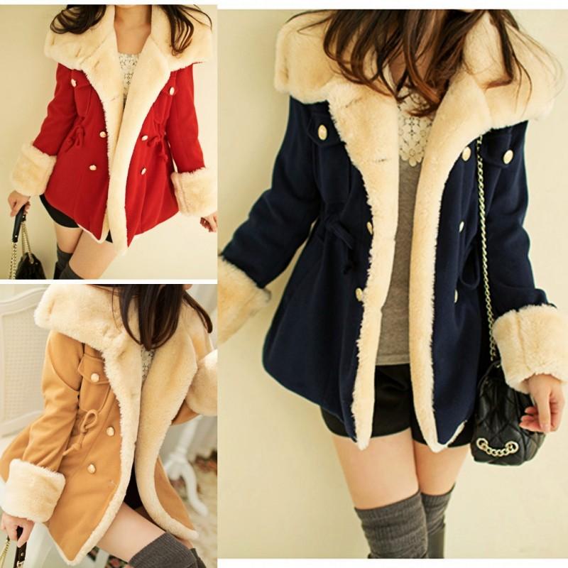 

Winter new Korean thick cotton slim double-breasted student woolen coat fashion lapel solid color female jacket, Red