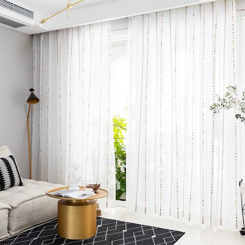 

European White Tulle Curtains Valance for Living Room Embroided Fuzzy Floral Screens Vertical Stripe French Flat Window