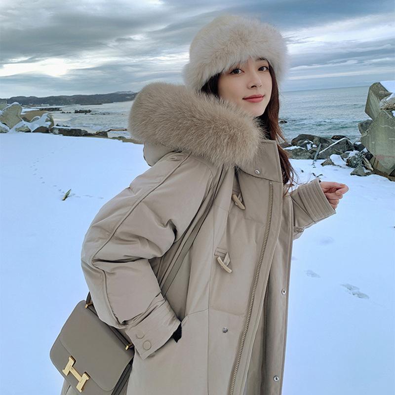 

Mid-length down jacket women 2021 winter new net red Korean version of the knee loose white duck down horn button coat jacket, Black