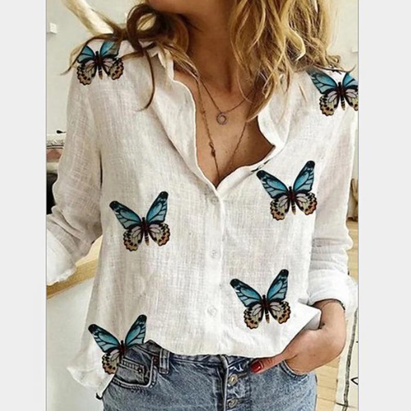 

Women Cartoon Butterfly Blouse Long Sleeve Female Casual Buttons Shirt Vintage Printed Plus Size Loose Tops Shirt Women Shirts, White