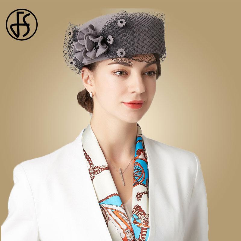 

Stingy Brim Hats FS 2021 Fascinator Hat With Veil Women Wedding Party Cocktail Pillbox Flowers Winter Bridal Red Black
