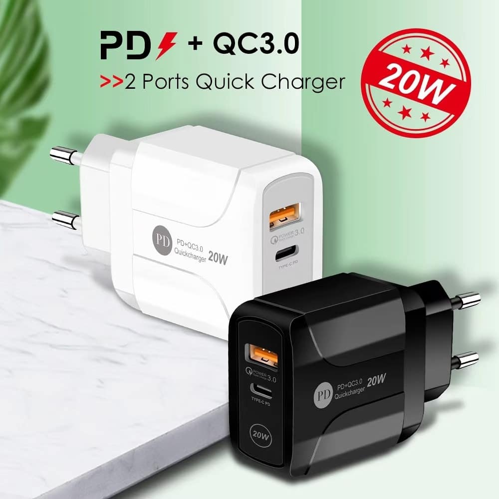 

50 pcs Type-C 20W PD and QC 3.0 dual ports USB Fast Wall Charger with US EU UK Plug for IPhone 12 11 pro max Ipad Xiaomin Huawei Mobile Phone