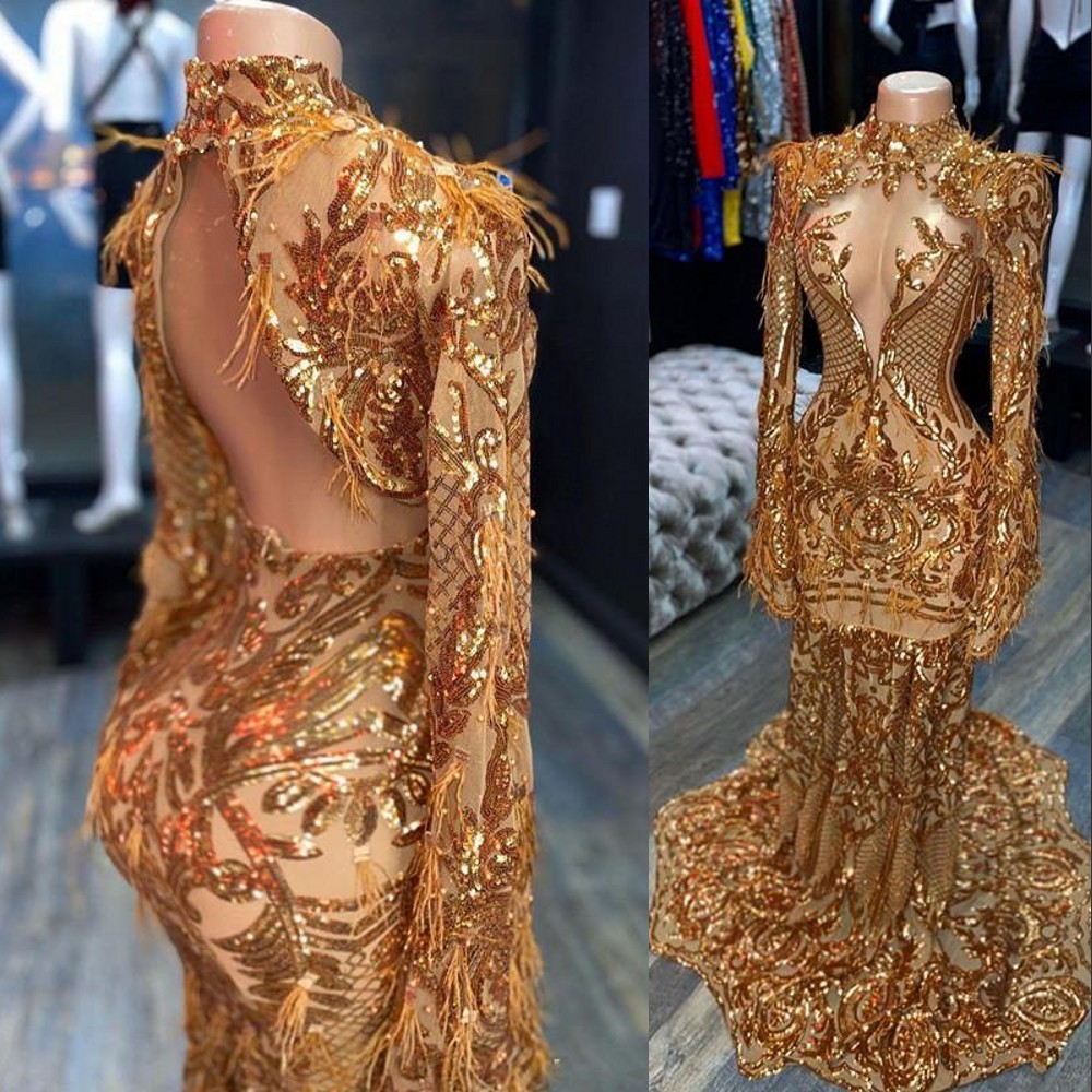 

2021 Sexy Aso Ebi Gold Sequined Lace Prom Dresses Luxury Feather Long Sleeves Sequins High Neck Open Back Mermaid Evening Dress Party Gowns, Same as picture