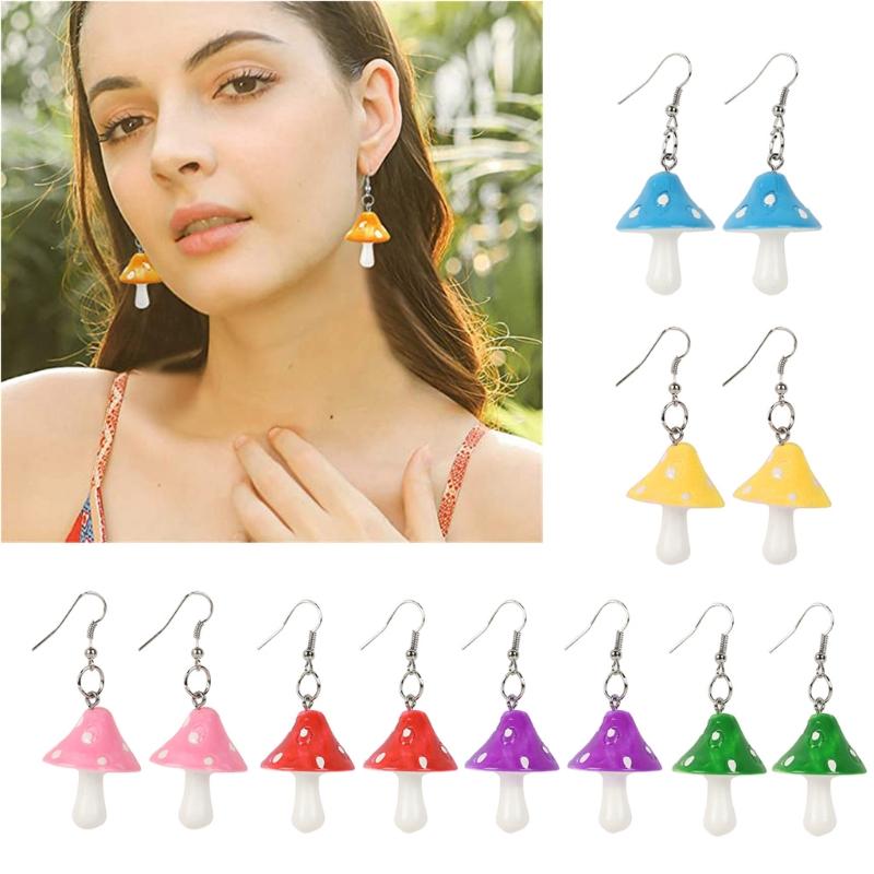 

5/6 Pairs Resin Mushroom Earrings Fresh Handmade Plastic Simulation Mushroom Drop Earrings Kit for Women Girl Jewelry
