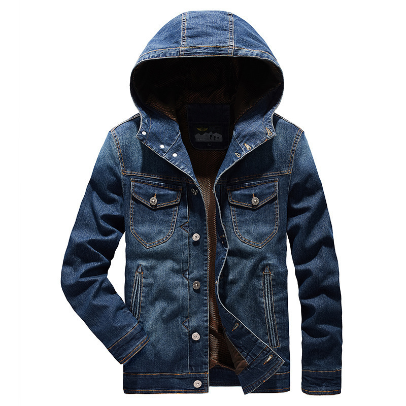 

Autumn Jacket Men Military Jeans Jacket Hooded Single Breasted Denim Coat Windbreaker Men Cotton Jacket Hombre M-4XL, Black blue