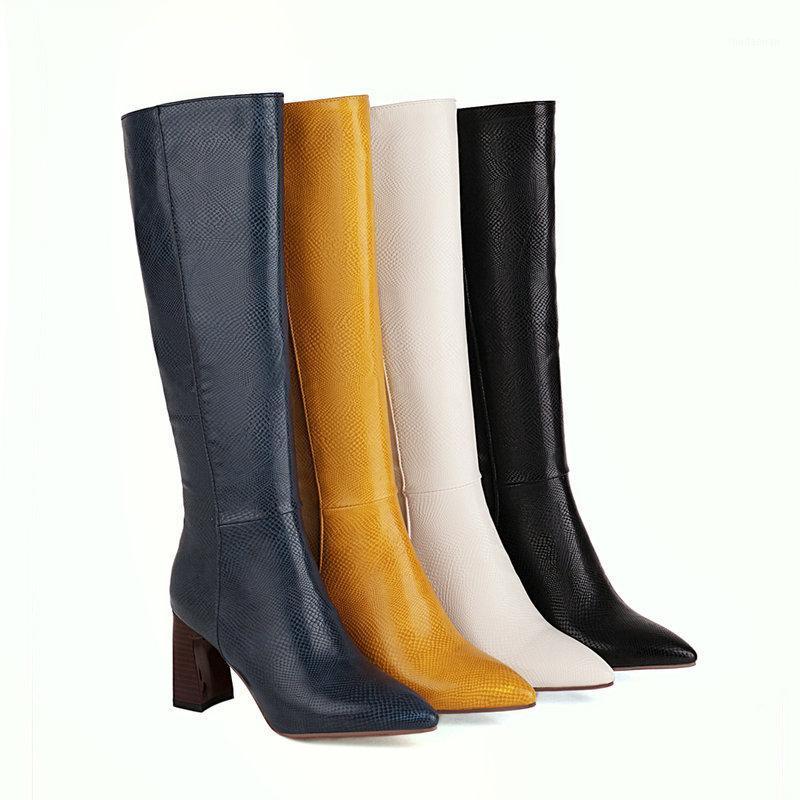 

PU Leather Women Knee High Boots Pointed Toe Ladies Side Zipper Boots Chunky Heel Female Autumn Winter Big Size1, Black