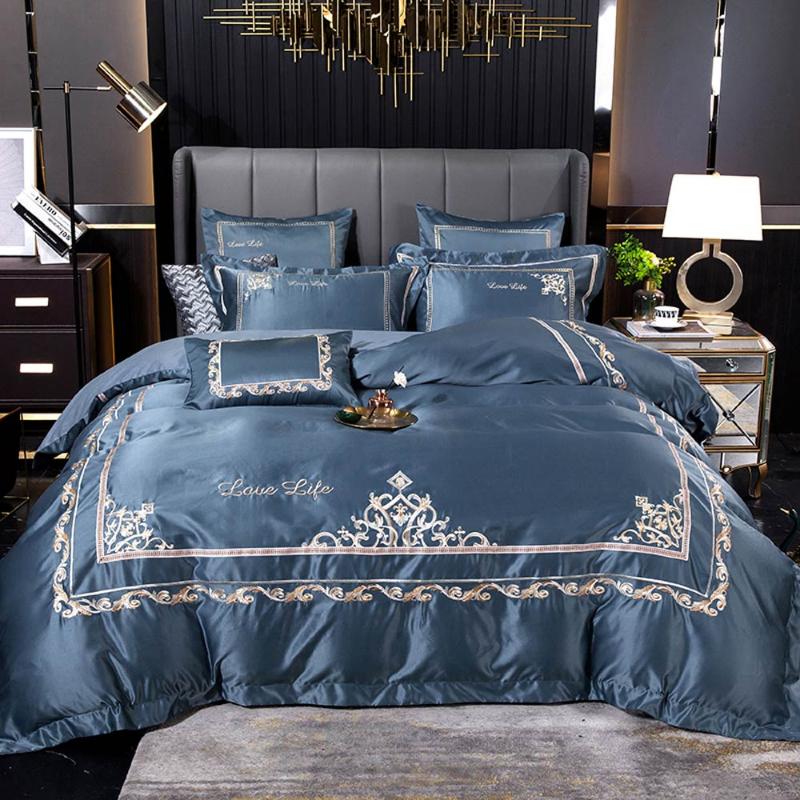 

Papa&Mima Blue Grey Embroidery Bedding Set Silk Cotton Linens Queen King Size Duvet Cover Set Flat /Fitted Sheet Pillow Sham, 20206001