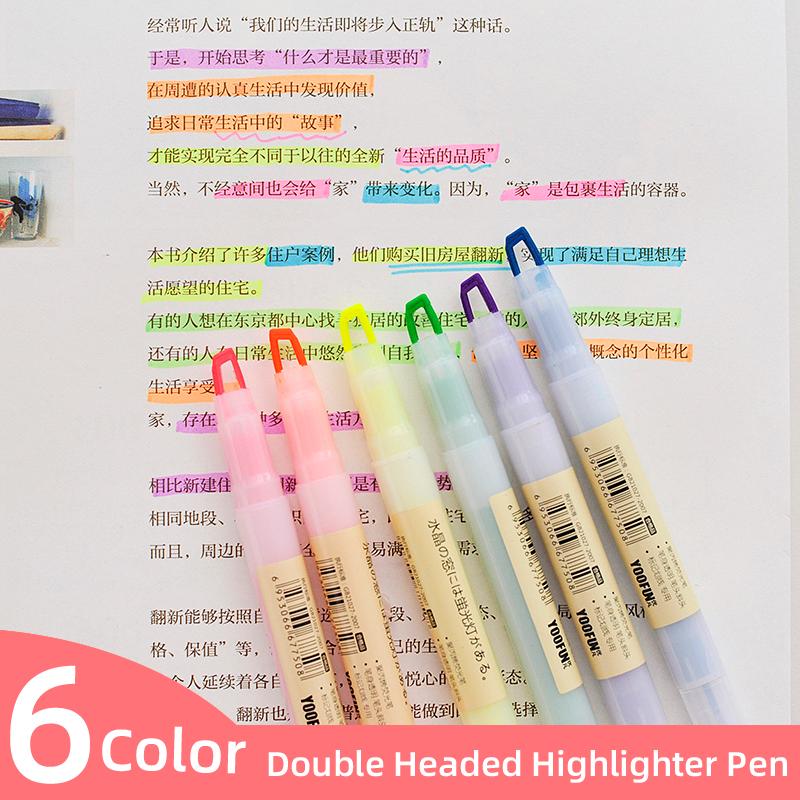 

yoofun 6pcs/set Cute Candy Color Highlighter Pen Stationery Double Headed Fluorescent Mark points Office Meeting School Supplies