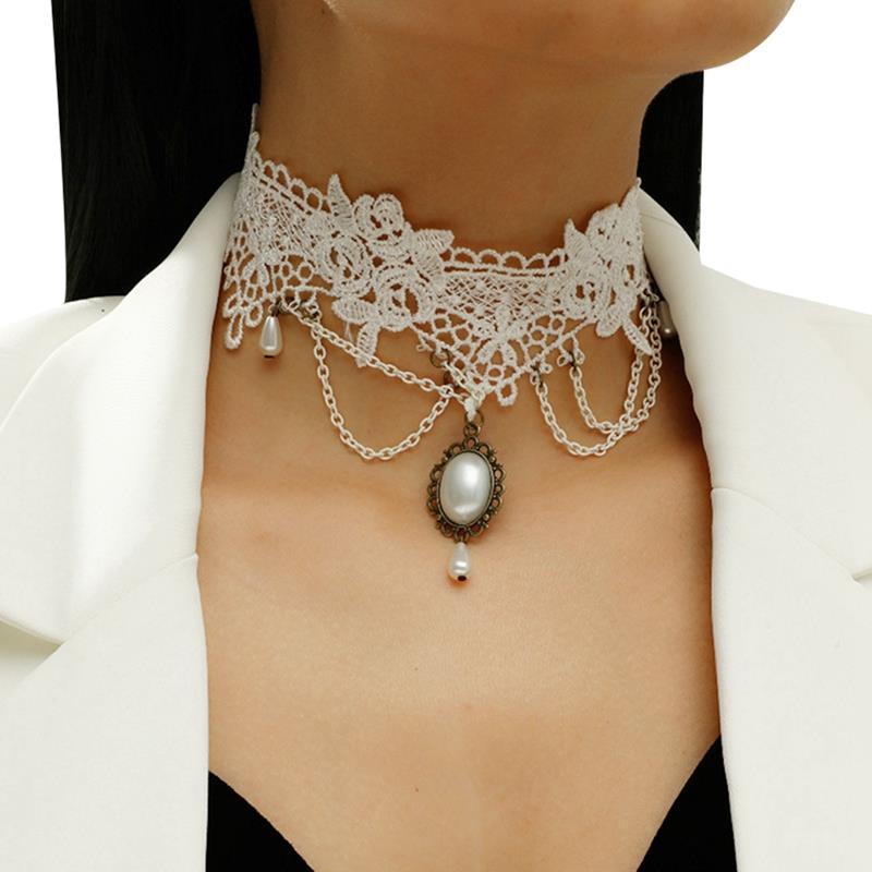 

Women Lace Pendant Choker Faux Pearl Decor Hollow-Out Collar Charm Necklace Gothic Necklace For Women Jewelry Accessories